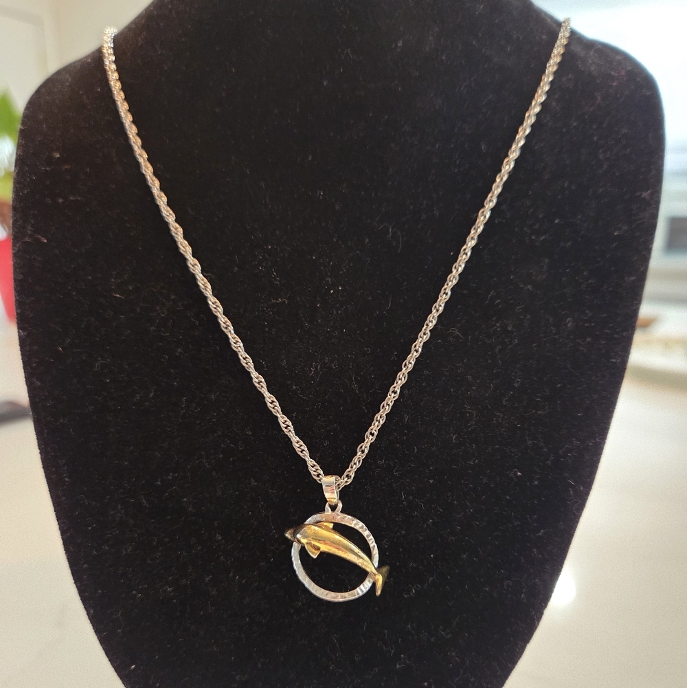 Vintage Two-Tone Dolphin Pendant 1/25 Gold-Filled On Silver Tone Chain Necklace